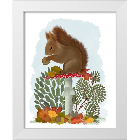 Red Squirrel On Mushroom White Modern Wood Framed Art Print by Fab Funky