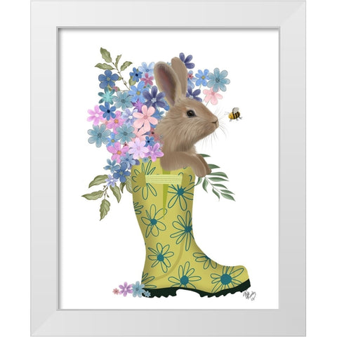 Welly Bunny And Bee White Modern Wood Framed Art Print by Fab Funky
