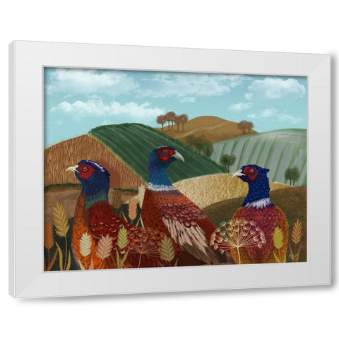 Pheasant Trio in Field White Modern Wood Framed Art Print by Fab Funky