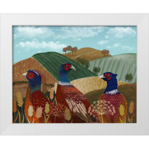 Pheasant Trio in Field White Modern Wood Framed Art Print by Fab Funky