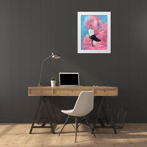 Pink Flamingo White Modern Wood Framed Art Print by Seay, Anne