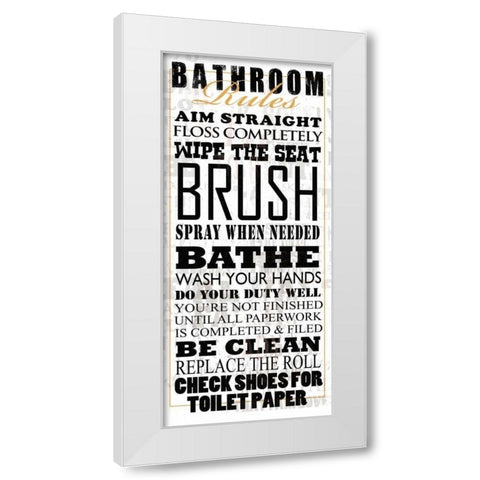 Bathroom Rules - White White Modern Wood Framed Art Print by Baldwin, Jim