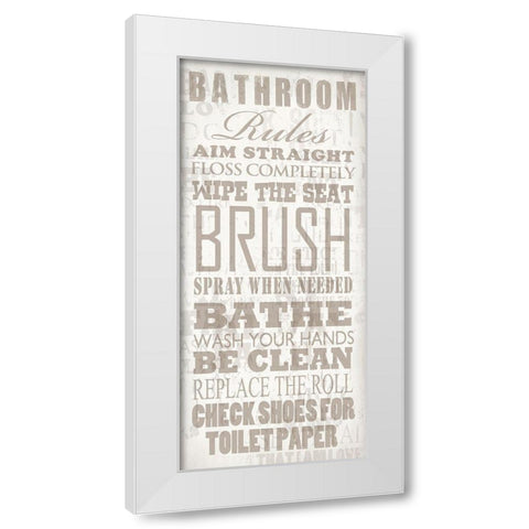 Bathroom Rules White Modern Wood Framed Art Print by Baldwin, Jim