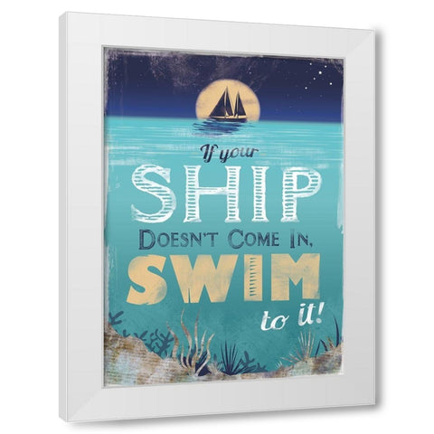 Swim to Your Ship White Modern Wood Framed Art Print by JMB Designs