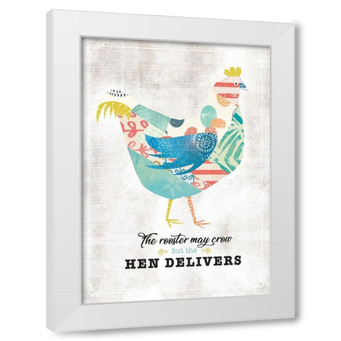 Hen Delivers White Modern Wood Framed Art Print by JMB Designs
