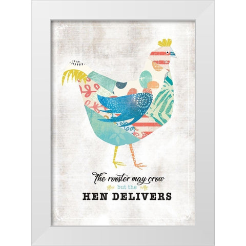 Hen Delivers White Modern Wood Framed Art Print by JMB Designs