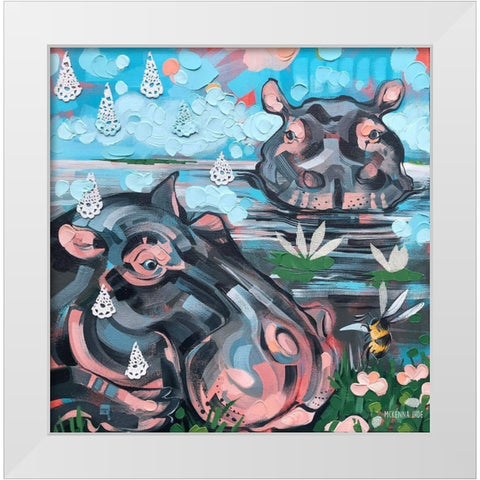 Hippo and Bee White Modern Wood Framed Art Print by Ihde, McKenna