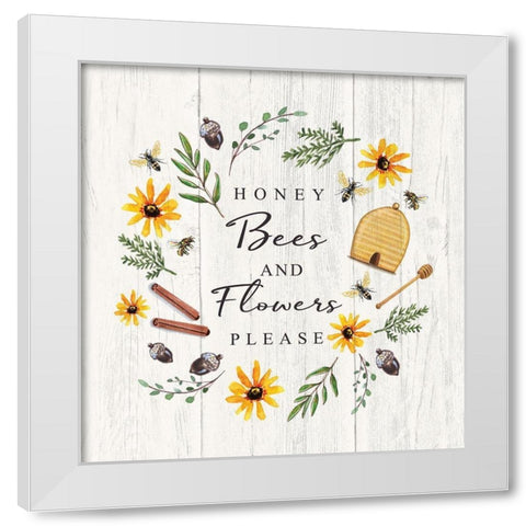 Honey Bees and Flowers Please White Modern Wood Framed Art Print by Tyndall, Elizabeth