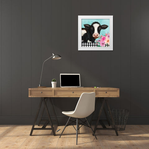 Floral Cow White Modern Wood Framed Art Print by Tyndall, Elizabeth