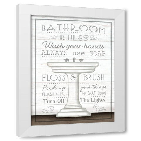 Bathroom Rules White Modern Wood Framed Art Print by Tyndall, Elizabeth