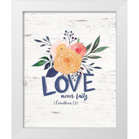 Love Never Fails White Modern Wood Framed Art Print by Moulton, Jo