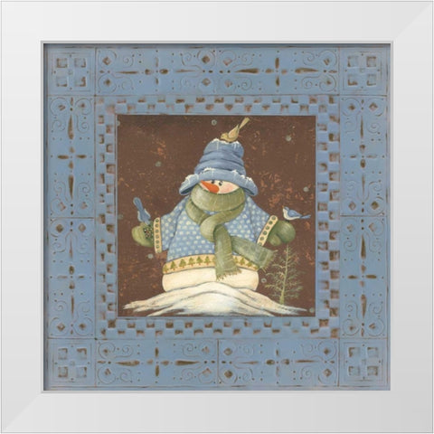 Blue Tin Snowman II White Modern Wood Framed Art Print by Moulton, Jo