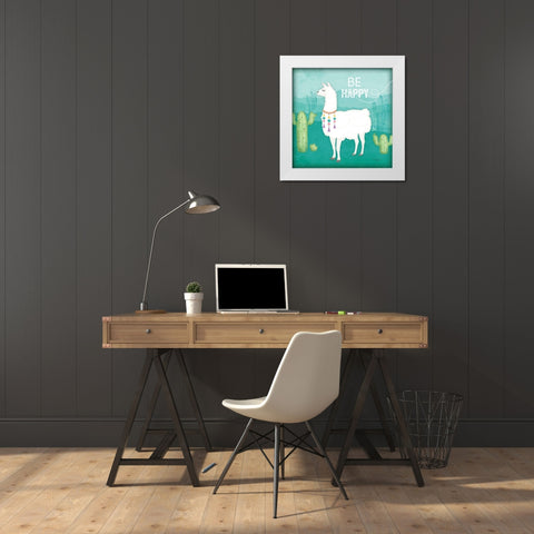 Be Happy Llama White Modern Wood Framed Art Print by Pugh, Jennifer