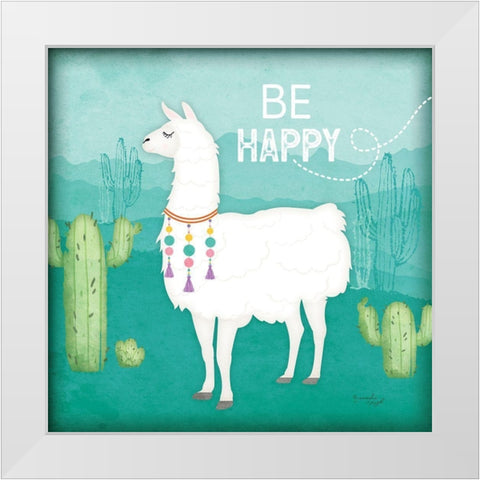 Be Happy Llama White Modern Wood Framed Art Print by Pugh, Jennifer