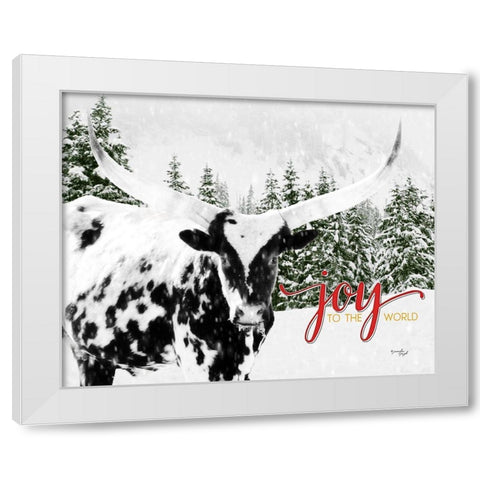 Joy to the World Longhorn White Modern Wood Framed Art Print by Pugh, Jennifer