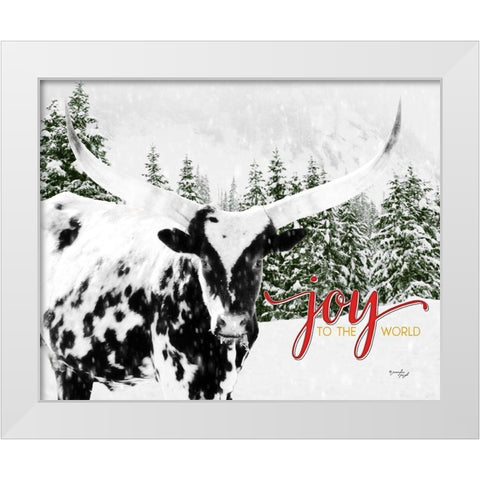 Joy to the World Longhorn White Modern Wood Framed Art Print by Pugh, Jennifer