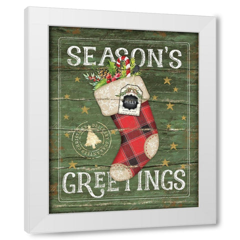 Seasons Greetings Stocking White Modern Wood Framed Art Print by Pugh, Jennifer