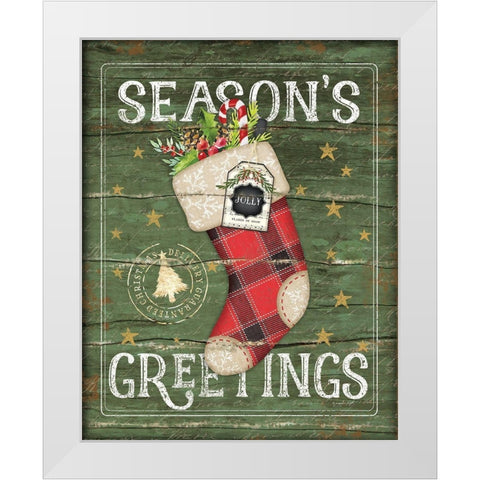 Seasons Greetings Stocking White Modern Wood Framed Art Print by Pugh, Jennifer