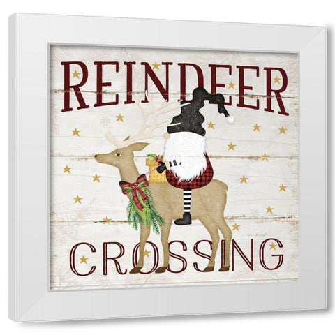 Gnome Reindeer Crossing White Modern Wood Framed Art Print by Pugh, Jennifer
