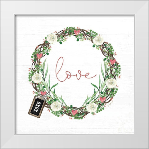 Pink Love Wreath White Modern Wood Framed Art Print by Pugh, Jennifer