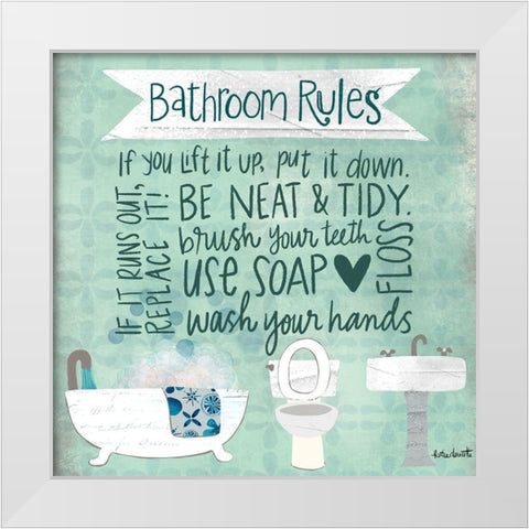 Bathroom Rules White Modern Wood Framed Art Print by Doucette, Katie