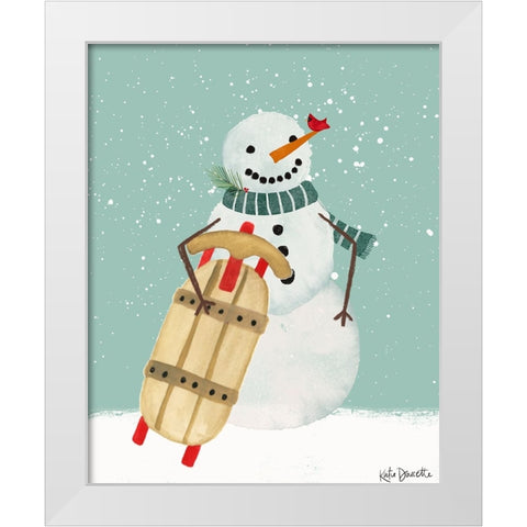 Snowman and Sled White Modern Wood Framed Art Print by Doucette, Katie