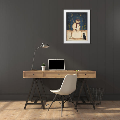Snowman with Black Cat White Modern Wood Framed Art Print by Lewis, Kim