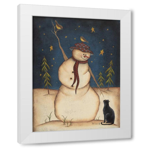 Snowman with Black Cat White Modern Wood Framed Art Print by Lewis, Kim