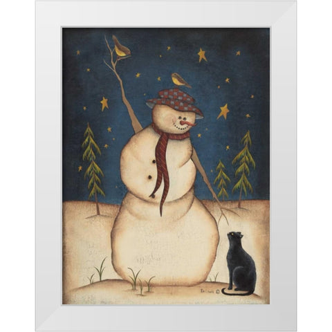 Snowman with Black Cat White Modern Wood Framed Art Print by Lewis, Kim