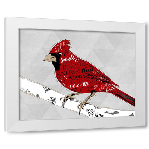 Cardinal Hello White White Modern Wood Framed Art Print by Longfellow Designs
