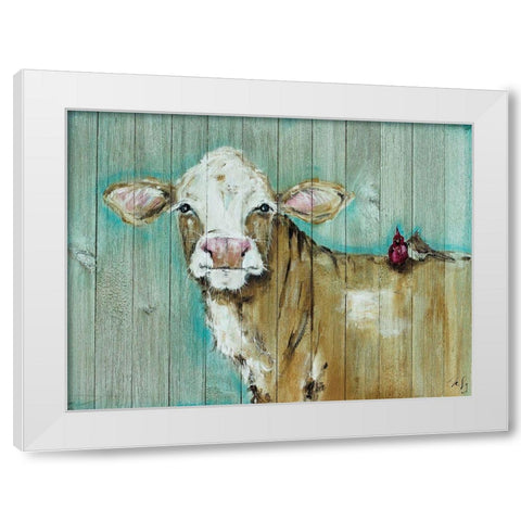 Cow and Bird Pals White Modern Wood Framed Art Print by Strong, Molly Susan