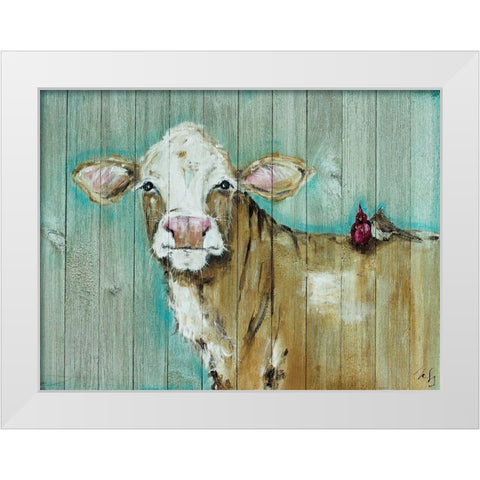 Cow and Bird Pals White Modern Wood Framed Art Print by Strong, Molly Susan