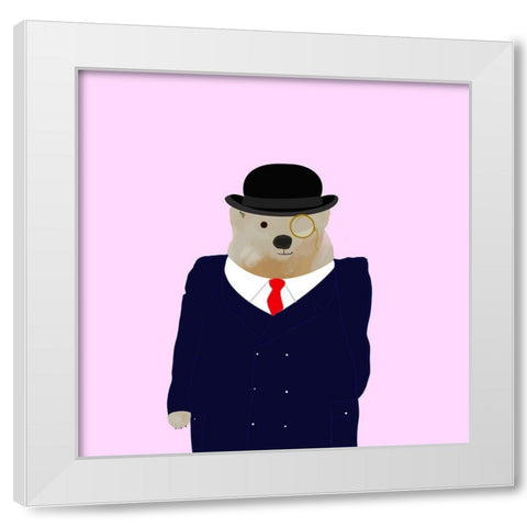 Bear in a Bowler White Modern Wood Framed Art Print by Singleton, Ashley