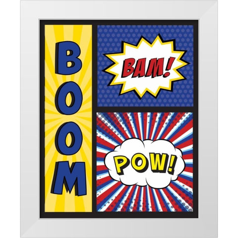 Boom! Bam! Pow! White Modern Wood Framed Art Print by ND Art and Design