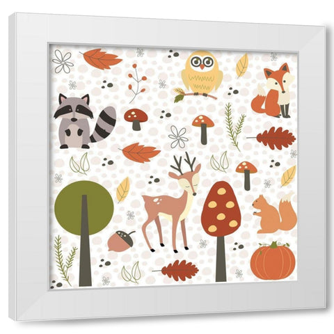 Fall Tree and Animal Pattern White Modern Wood Framed Art Print by ND Art and Design