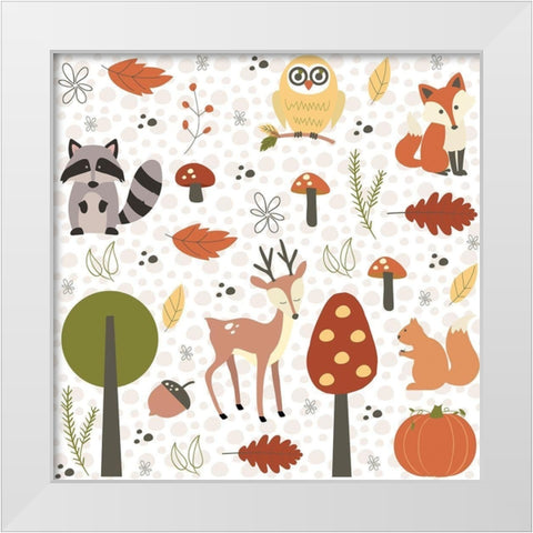 Fall Tree and Animal Pattern White Modern Wood Framed Art Print by ND Art and Design