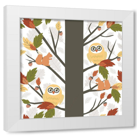 Fall Owls in a Tree White Modern Wood Framed Art Print by ND Art and Design
