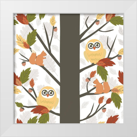 Fall Owls in a Tree White Modern Wood Framed Art Print by ND Art and Design