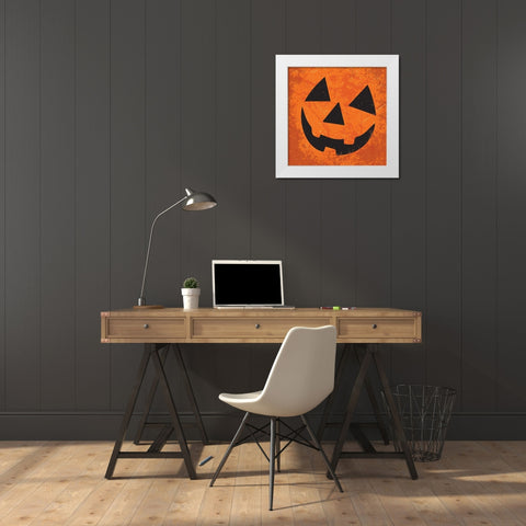 Pumpkin Face White Modern Wood Framed Art Print by ND Art and Design