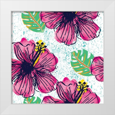 Tropical Floral Pattern White Modern Wood Framed Art Print by ND Art and Design