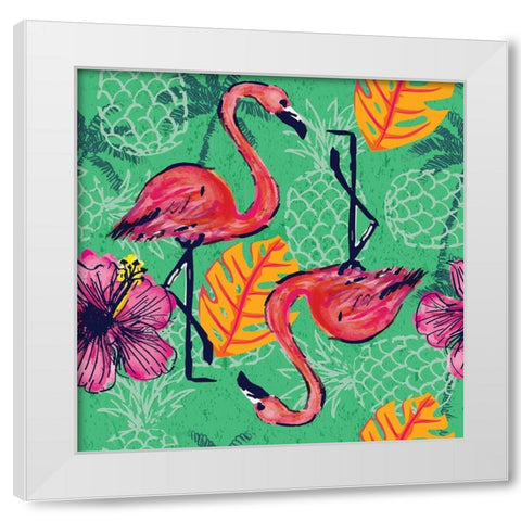 Tropical Flamingo Pattern White Modern Wood Framed Art Print by ND Art and Design