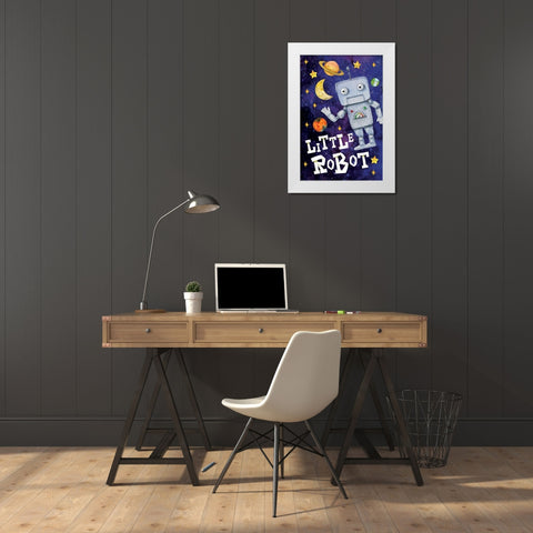 Little Robot White Modern Wood Framed Art Print by ND Art