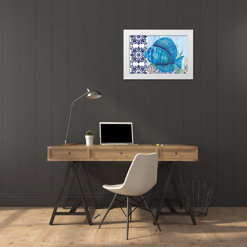 Blue Fish White Modern Wood Framed Art Print by ND Art