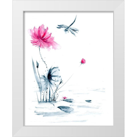 Pink Flower and a Lily Pad II White Modern Wood Framed Art Print by Shefranov, Olga