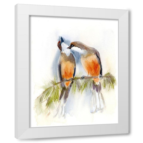 Birds on a Branch White Modern Wood Framed Art Print by Shefranov, Olga