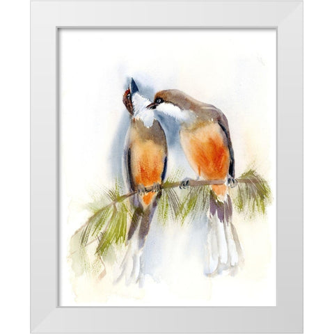Birds on a Branch White Modern Wood Framed Art Print by Shefranov, Olga