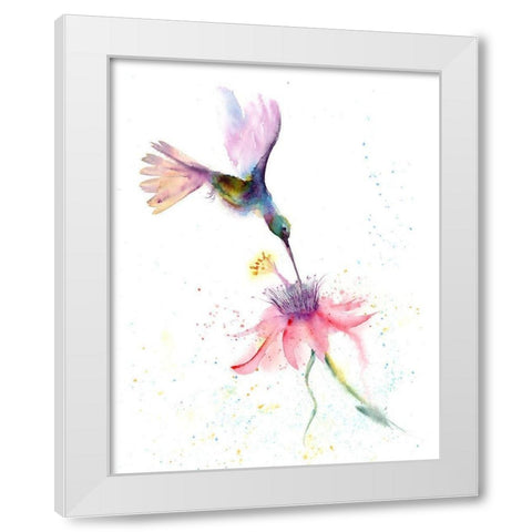 Pink Flower Hummingbird White Modern Wood Framed Art Print by Shefranov, Olga