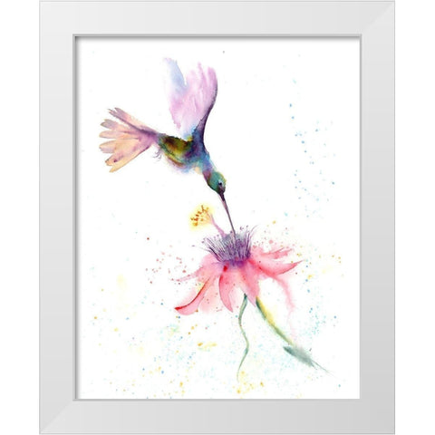 Pink Flower Hummingbird White Modern Wood Framed Art Print by Shefranov, Olga