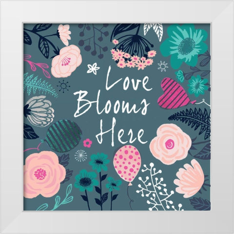 Love Blooms Here White Modern Wood Framed Art Print by P.S. Art Studios