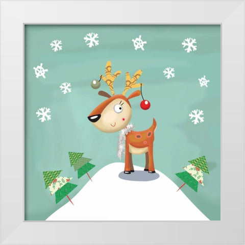 Snowy Reindeer White Modern Wood Framed Art Print by P.S. Art Studios